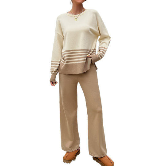 Damen nan lässiges Strick-Lounge-Set mit gestreiftem Rundhals-Pullover, Raglanärmeln und weiten taillenhohen Hosen Shop Nory