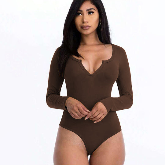 Damen figurbetontes V-Ausschnitt-Stringbody mit langen Ärmeln Shop Nory