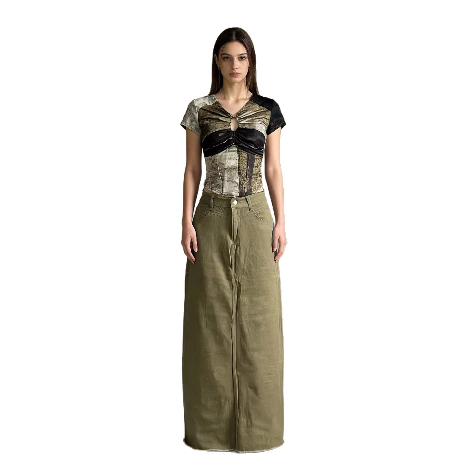 Damen Maxi-Denim-Rock mit hohem Bund und fransigem Saum