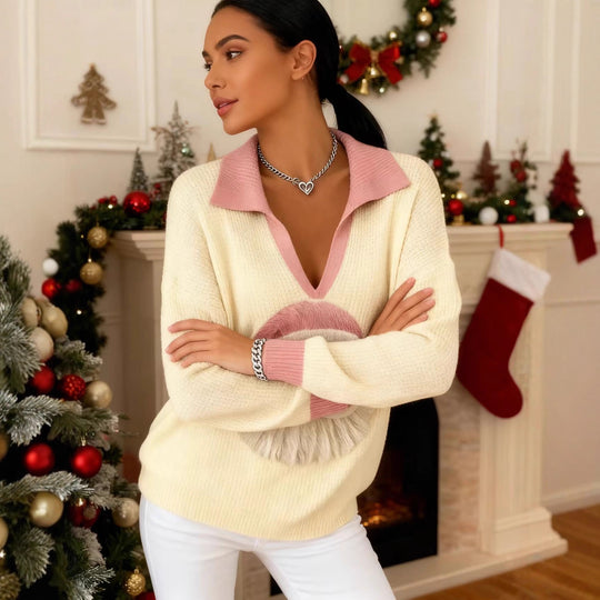 Damen Weicher Strickpullover mit V-Kragen, Polokragen und 3D-Weihnachtsmotiv Shop Nory