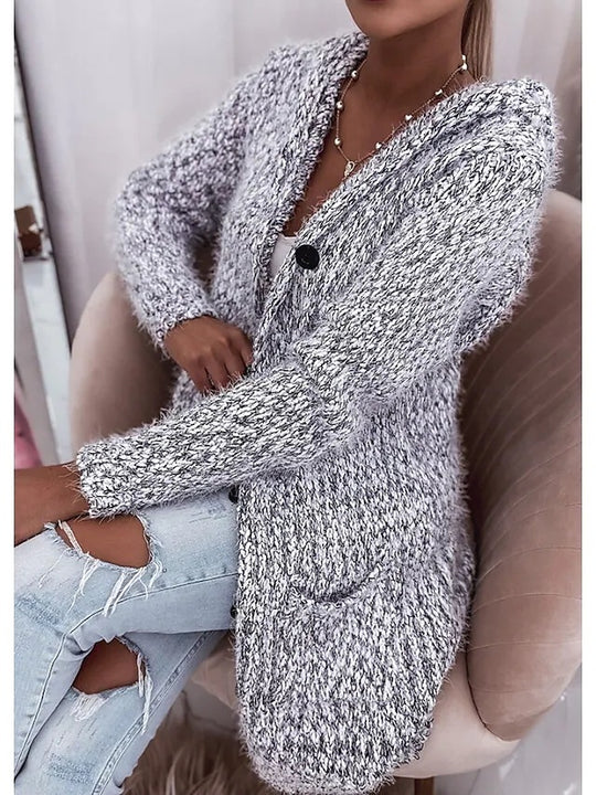 Damen Langer Mélange-Kuschelcardigan mit Kapuze, Hornknopf und Eingrifftaschen Shop Nory