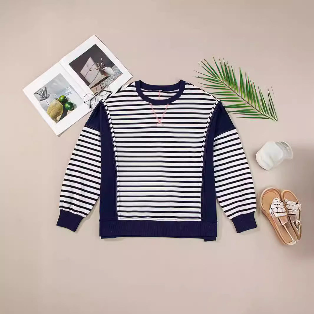 Damen Oversize-Sweatshirt im Marinelook mit Streifen, Raglanärmeln und Rippenbündchen Shop Nory
