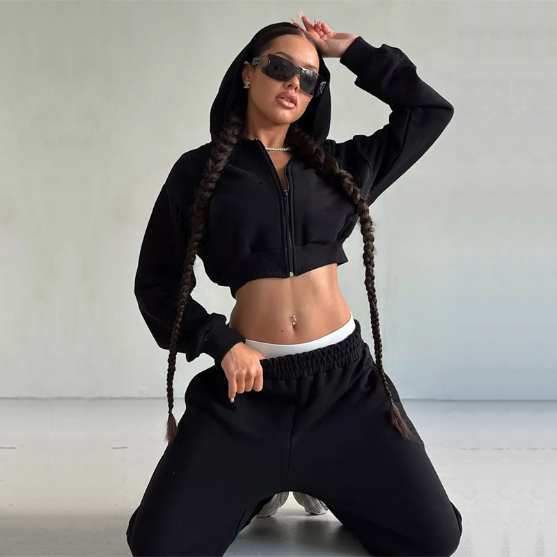 Damen cropped Sportjacke und lockere Jogginghose Set