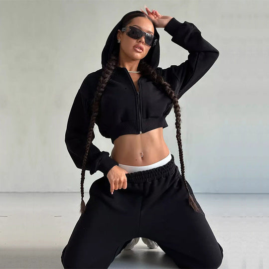Damen cropped Sportjacke und lockere Jogginghose Set