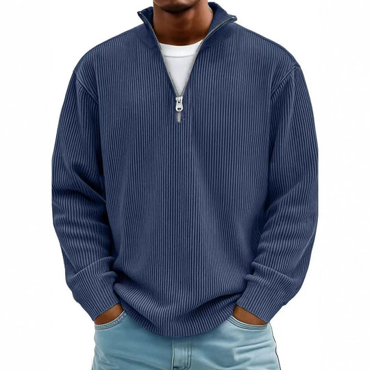 Herren Gerippter Halbzip-Strickpullover mit Stehkragen und lockerer Passform Shop Nory