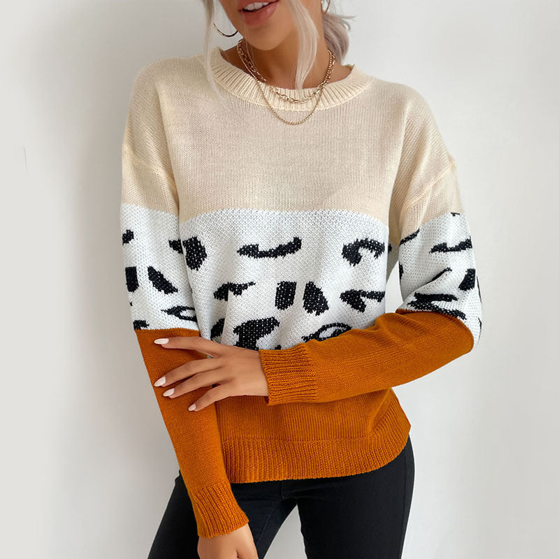 Damen Boxy-Strickpullover im Colorblock-Leopardmix mit Rundhals und gerippten Ärmeln Shop Nory
