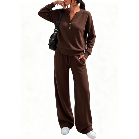 Damen Lounge-Set mit Henley-Kragen und palazzoweiter Jogginghose Shop Nory