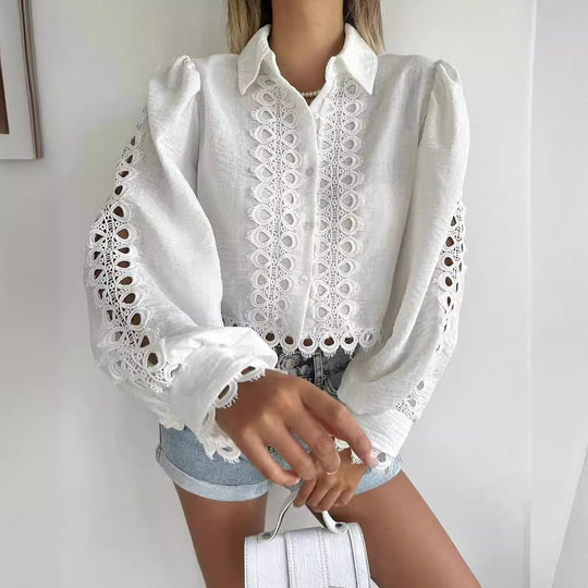 Damen Gestickte Leinenbluse mit Lochspitze, Ballonärmeln und Hemdkragen Shop Nory