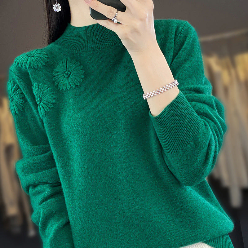 Damen Weicher Feinstrickpullover mit kurzem Stehkragen, 3D‑Blütenapplikation und gerippten Bündchen Shop Nory