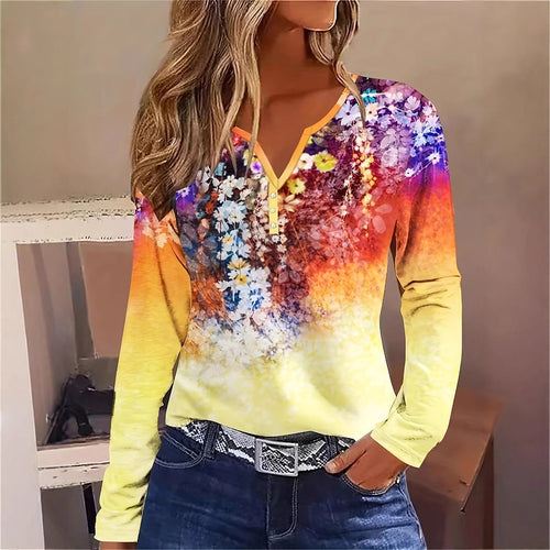 Damen Blütenmuster Langarmshirt mit Knopfleiste
