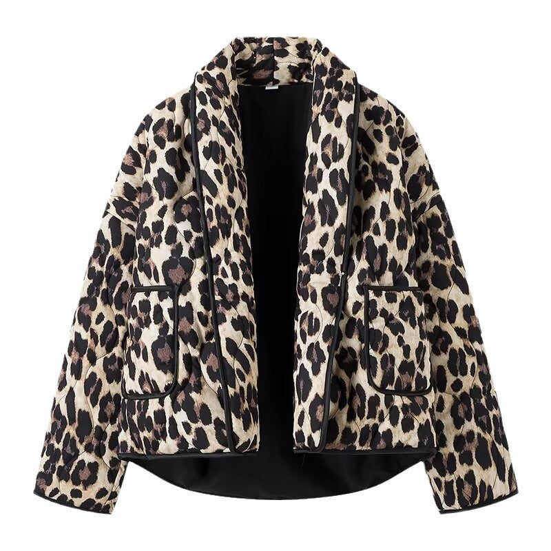 Damen Gefütterte Kurzjacke im Leopardenmuster mit Schalkragen und Paspelierung Shop Nory