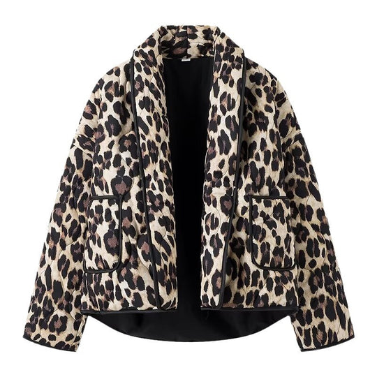 Damen Gefütterte Kurzjacke im Leopardenmuster mit Schalkragen und Paspelierung Shop Nory