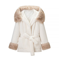 Pelzjacke mit Fellkragen und Bindegürtel – Weiß