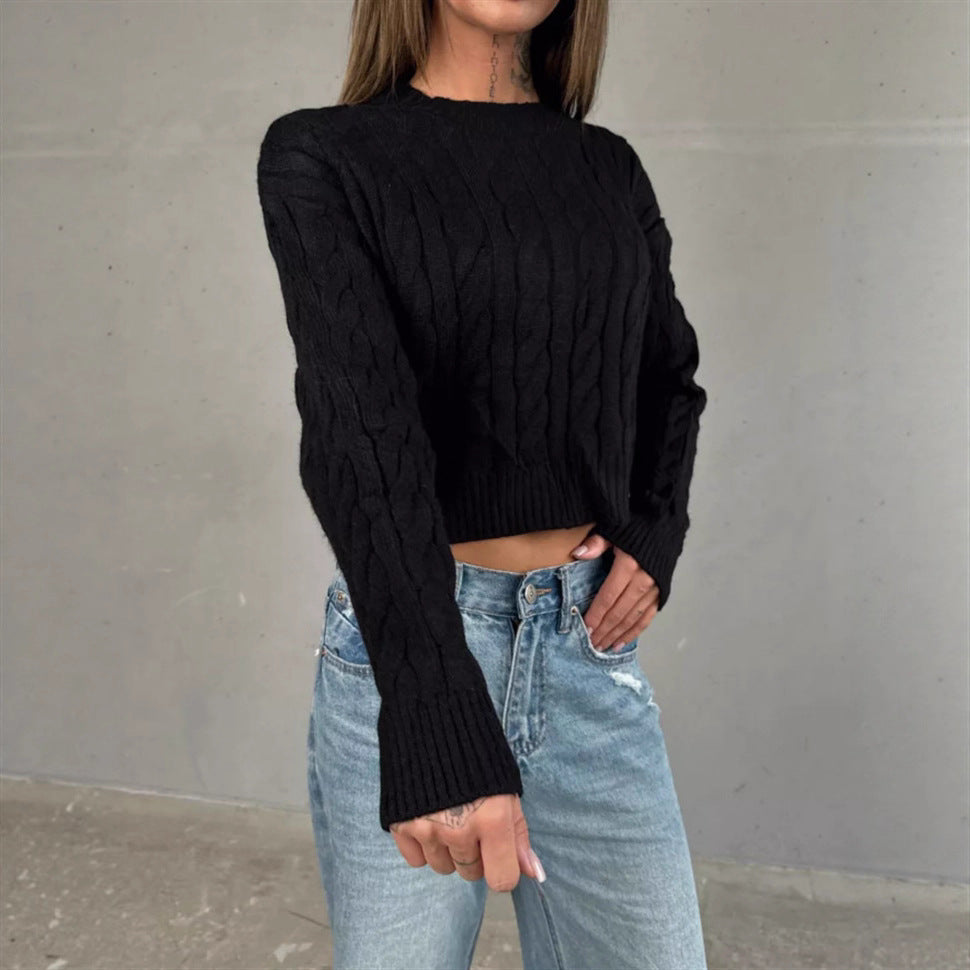 Damen Kurzer Boxy-Zopfstrickpullover mit geripptem Saum und Rundhalsausschnitt Shop Nory