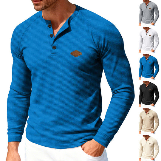 Herren nan Waffelstrick-Henley Langarmshirt mit Raglanärmeln, Halbknopfleiste und Lederlabel Shopnory