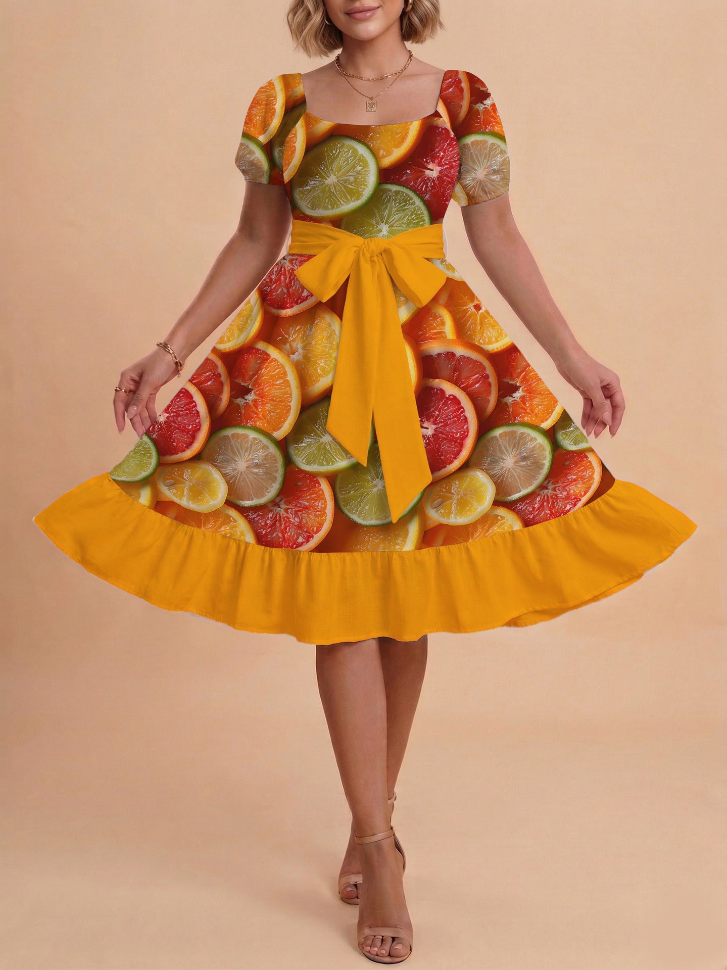 Damen Sommerliches Blumenkleid mit taillierbarem Gürtel und voluminösen Ärmeln