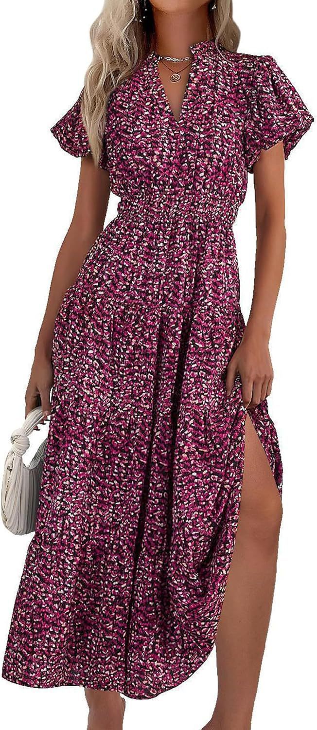Damen Maxi-Kleid mit floralen Mustern und rüschendem Saum Shopnory