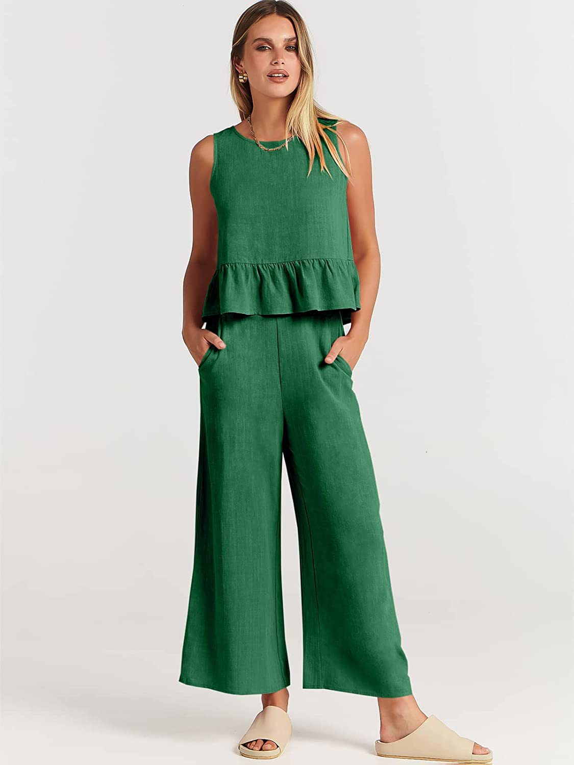 Damen luftiges Zweiteiler-Set mit schickem Peplum-Top und weitem Hose