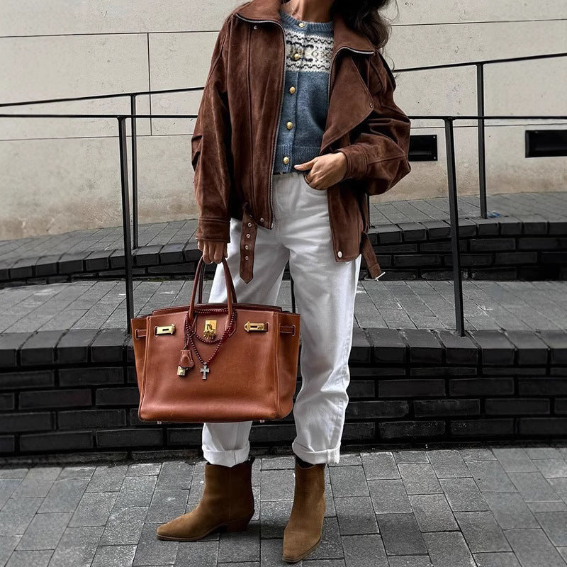 Damen lässige Wildlederjacke im Oversized-Stil mit Taillengürtel