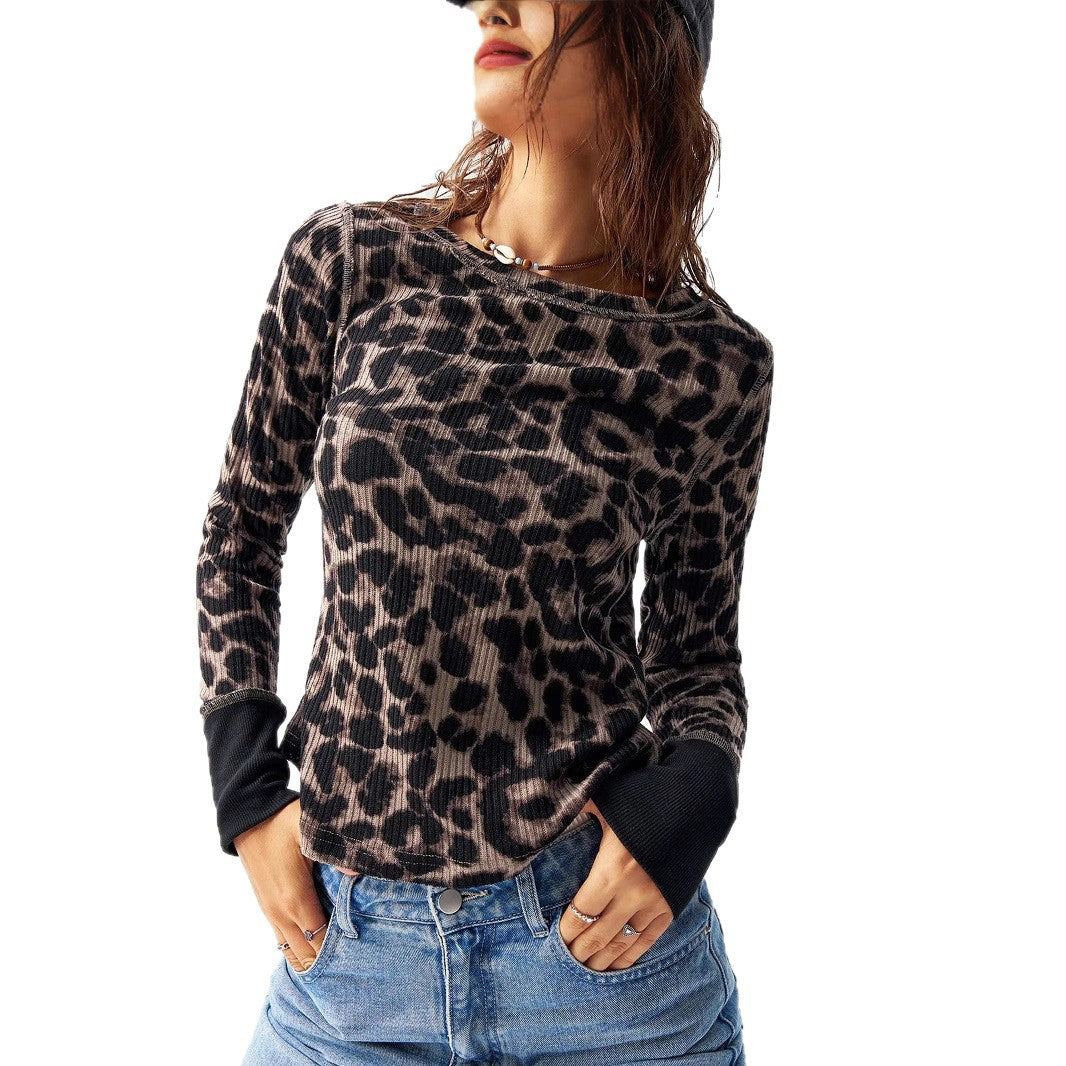 Damen Geripptes Thermal-Longsleeve mit Allover-Leoprint und Kontrastbündchen Shop Nory