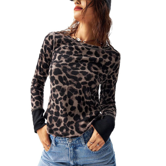 Damen Geripptes Thermal-Longsleeve mit Allover-Leoprint und Kontrastbündchen Shop Nory