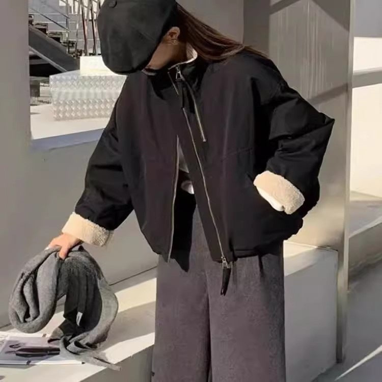 Damen Kurze Oversize Bomberjacke mit Teddyfutter an Bündchen und Stehkragen Shop Nory