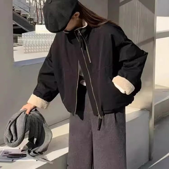 Damen Kurze Oversize Bomberjacke mit Teddyfutter an Bündchen und Stehkragen Shop Nory