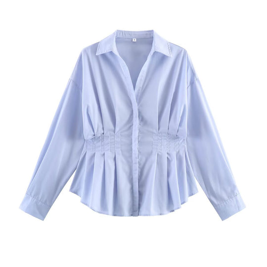 Damen Taillierte Bluse mit Kellerfalten, Eingearbeitetem Tunnelzug und Hemdkragen Shop Nory