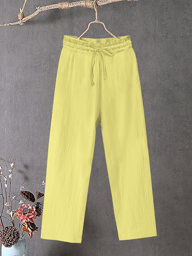 Damen Crinkle Leinenmischung Hose mit elastischem Kordelzug, gerade Beinform und lässiger Passform Shop Nory