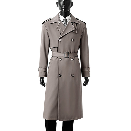 Herren Zeitloser Maxilanger Trenchcoat im Military-Stil mit Sturmklappe und Taillengürtel Shop Nory