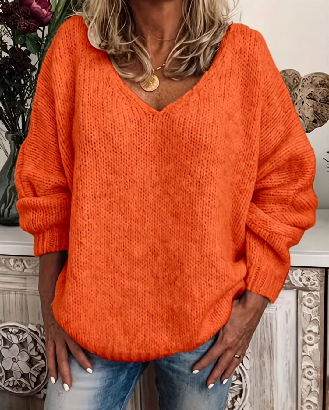 Damen Legerer V-Ausschnitt Pullover aus feiner Waffelstrickstruktur mit überschnittener Schulter Shop Nory