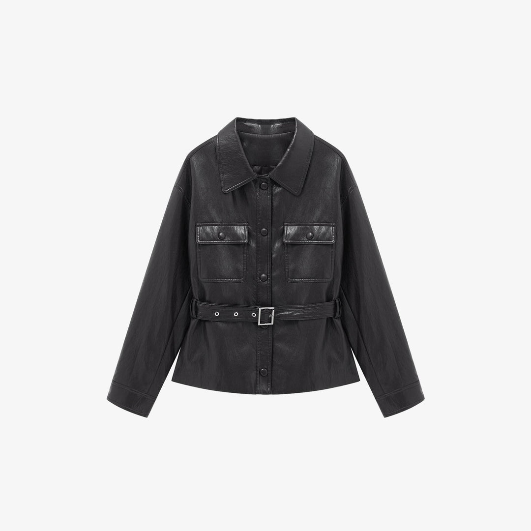 Damen Taillierter Utility-Lederblouson mit Bindegürtel und aufgesetzten Brusttaschen Shop Nory