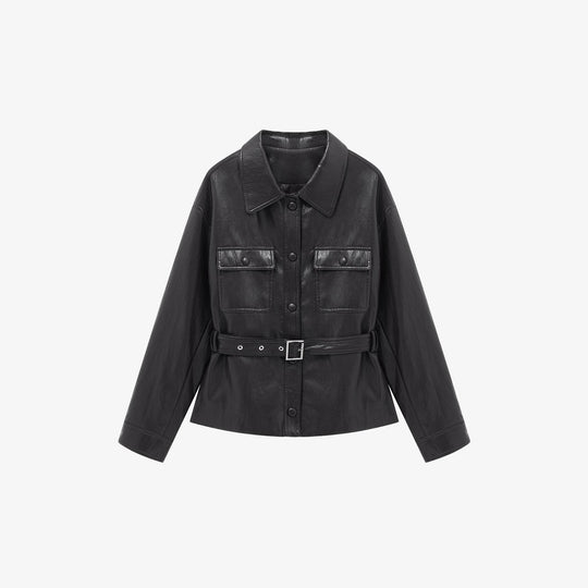 Damen Taillierter Utility-Lederblouson mit Bindegürtel und aufgesetzten Brusttaschen Shop Nory