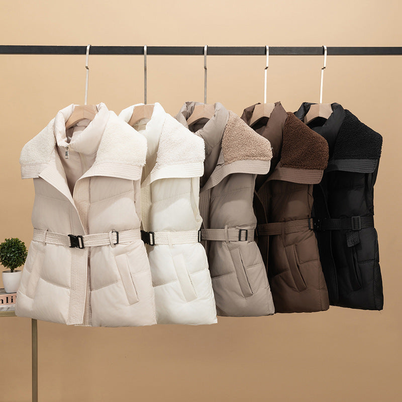 Damen nan wattierte Steppweste mit Strickärmeln und Teddykragen tailliertem Gürtel Shop Nory