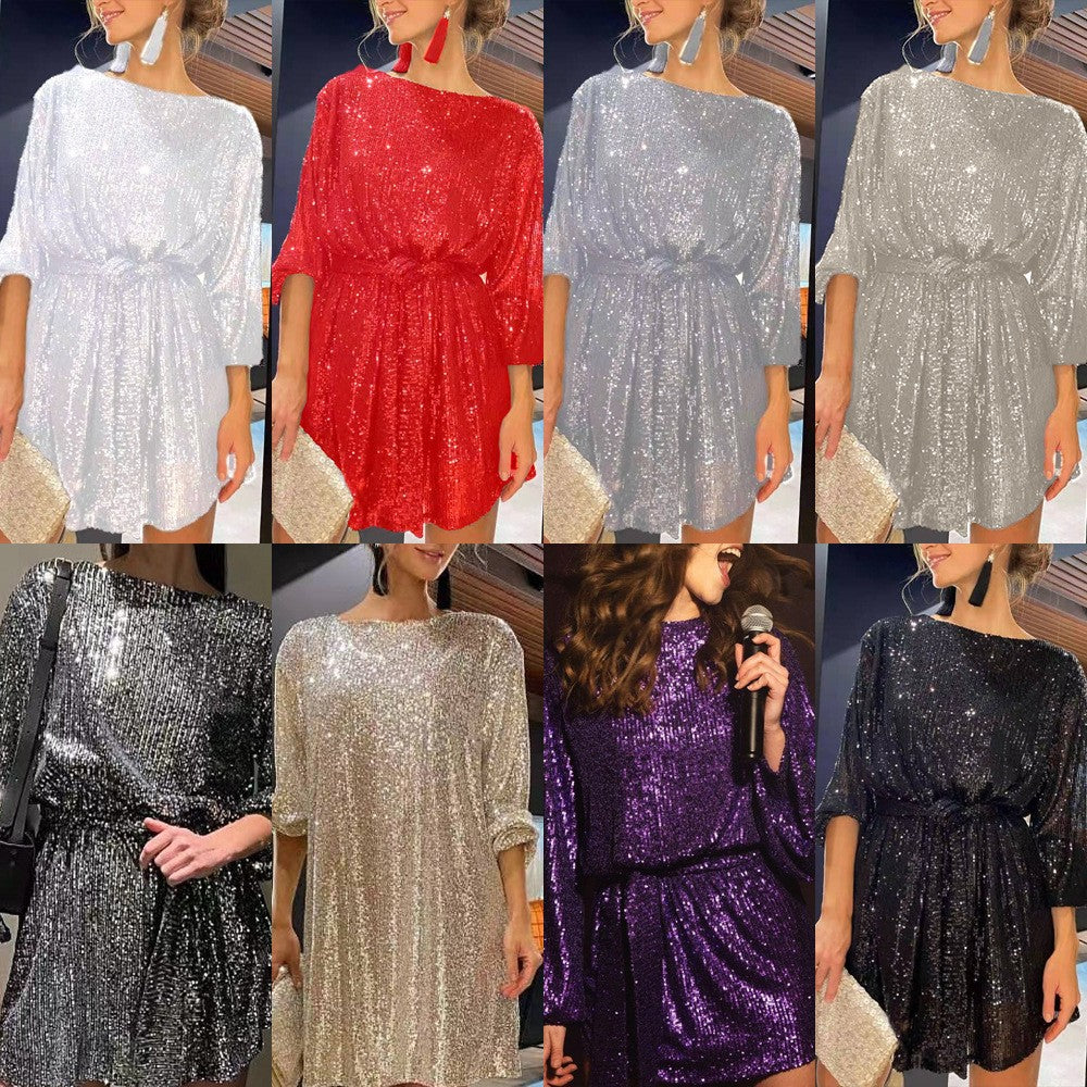 Damen Glamouröses Cocktailkleid mit funkelnden Lurex-Fäden und elastischem Taillengürtel
