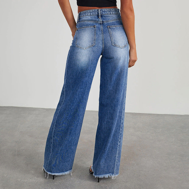 Damen High-Waist Schlagjeans mit weitem Bein und ausgefranstem Saum Shop Nory