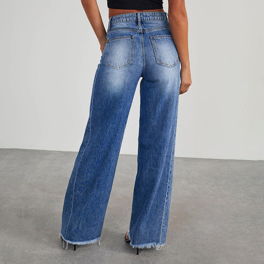 Damen High-Waist Schlagjeans mit weitem Bein und ausgefranstem Saum Shop Nory