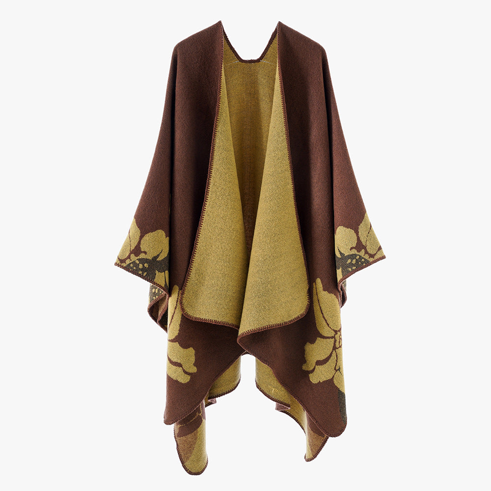 Damen Reversible Wollmix-Poncho mit floralem Jacquardmuster Shop Nory