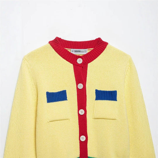 Damen Kurzer Grobstrick-Cardigan mit Kontrastblenden und Zierklappentaschen Shop Nory