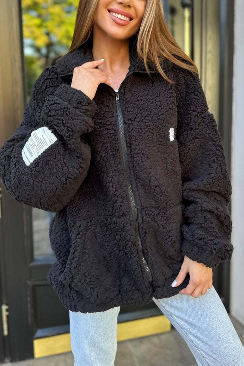 Damen Kuschelige Fleecejacke mit praktischen Taschen und hohen Kragen