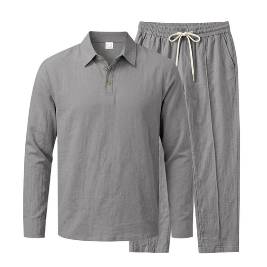 Herren Langarm-Poloshirt und Relaxhose Set aus Leinenoptik mit Tunnelzug Shop Nory