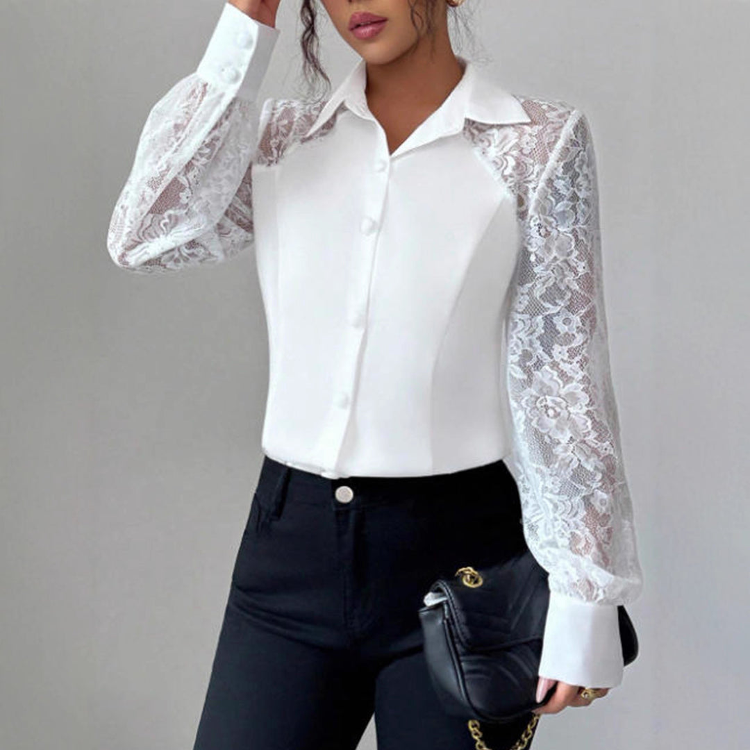 Damen Elegante Bluse mit Spitzeneinsätzen und Hemdkragen Shop Nory