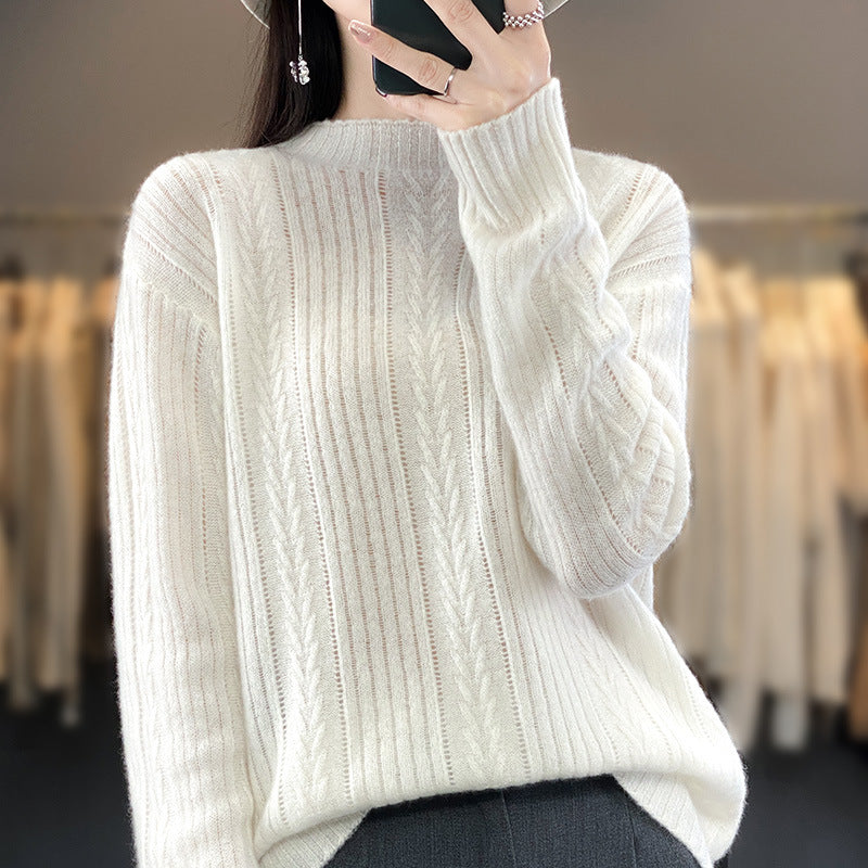 Damen Kaschmirähnlicher Feinstrick-Mockneckpullover mit Ajour‑Zopfmuster und lässiger Oversize‑Passform Shop Nory