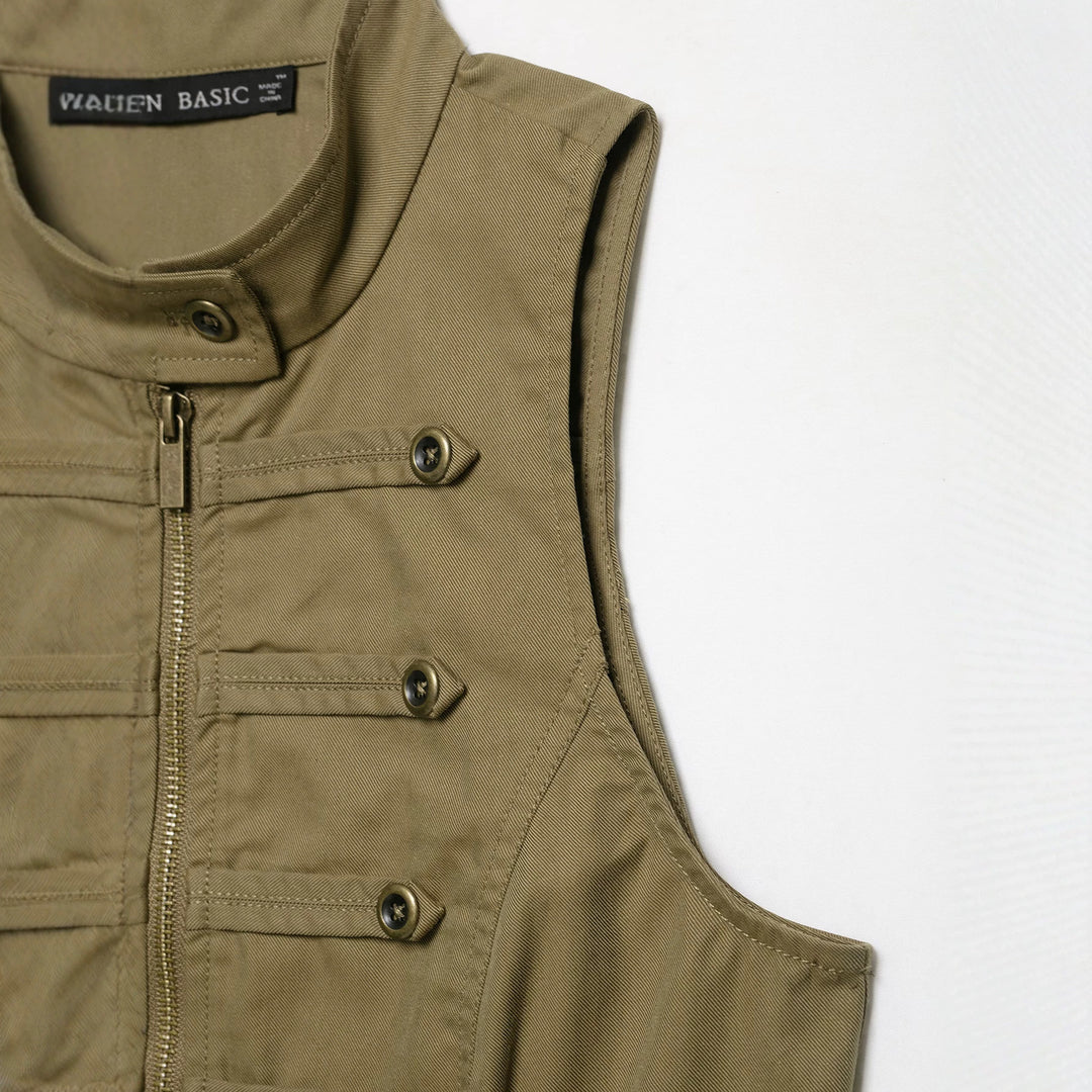 Damen Taillierte Canvas-Weste mit Frontreißverschluss und dekorativen Zierknopfleisten Shop Nory