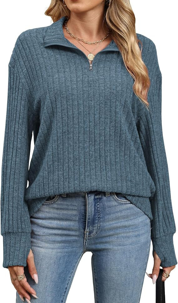 Damen Gerippter Halfzip-Pullover mit Stehkragen und Relaxed-Fit Shop Nory