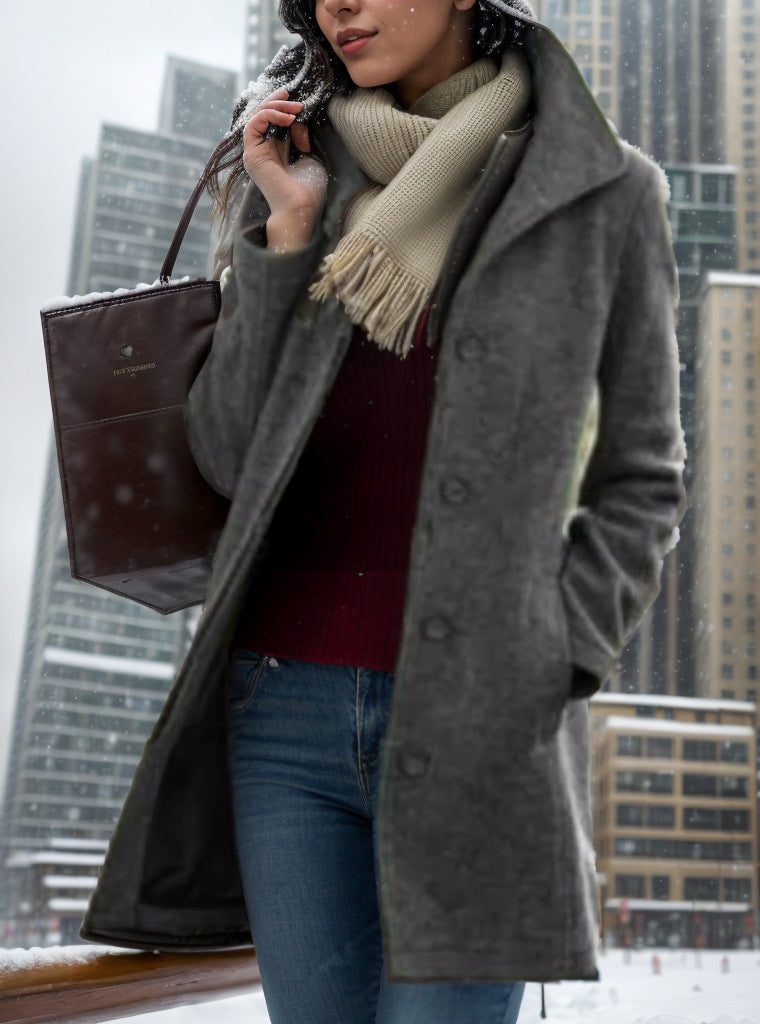 Damen Kurzmantel aus Velourslederimitat mit Hemdkragen, Knopfleiste und seitlichen Eingrifftaschen Shop Nory