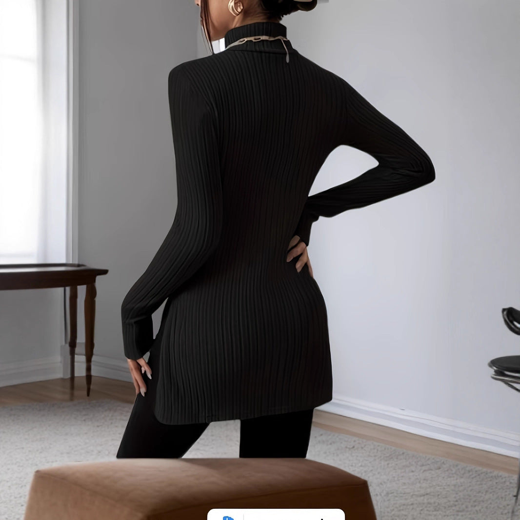Damen Figurschmeichelnder gerippter Rollkragen-Longpullover mit Seitenschlitzen Shop Nory