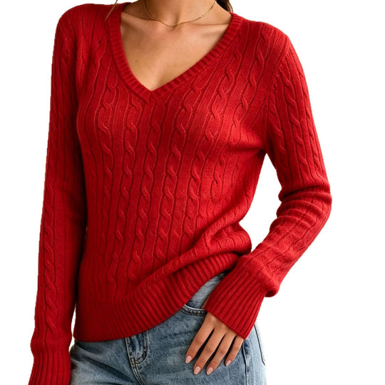 Damen Kabelstrickpullover mit V-Ausschnitt, feiner Struktur und taillierter Passform Shop Nory