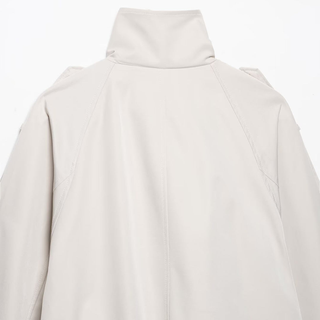 Damen Kurzgeschnittener Cape-Trench mit hohem Funnelkragen und doppelreihiger Knopfleiste Shop Nory