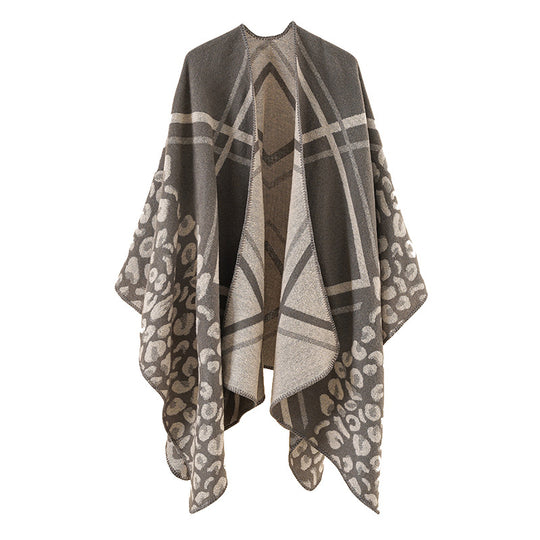 Damen Oversize-Ruana-Poncho mit Jacquardmix, Leoparden- und Karomuster Shop Nory